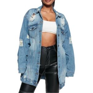 Fashion Nova Oversized Jean Jacket - Size Small | Distressed Light Wash